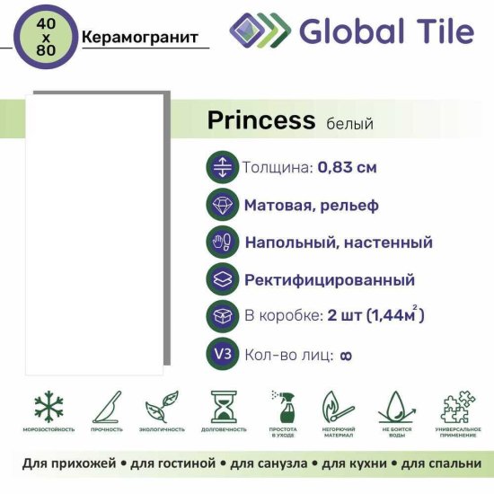 Керамогранит GlobalTile Calacatta Imperial белый 800x400x8,5 мм (5 шт.=1,6 кв.м)