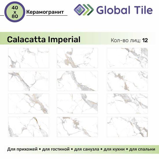 Керамогранит GlobalTile Calacatta Imperial белый 800x400x8,5 мм (5 шт.=1,6 кв.м)