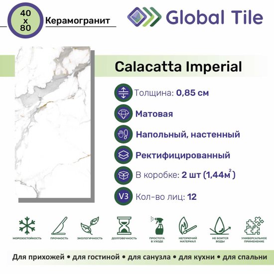 Керамогранит GlobalTile Calacatta Imperial белый 800x400x8,5 мм (5 шт.=1,6 кв.м)
