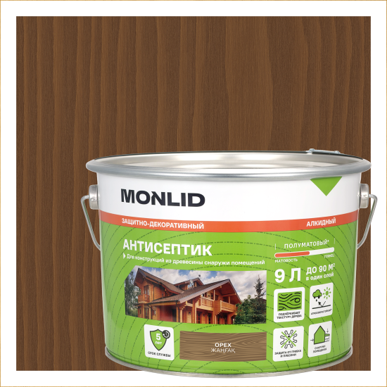 Защитно-декоративный антисептик лессирующий MONLID полуматовый орех 9 л