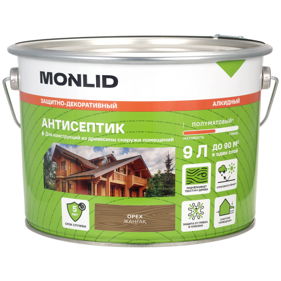 Защитно-декоративный антисептик лессирующий MONLID полуматовый орех 9 л