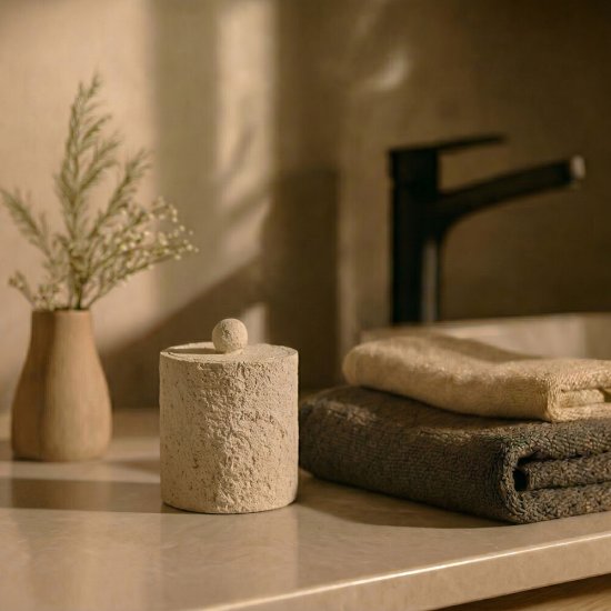 Контейнер для ватных палочек Fora Travertine настольный с крышкой полирезин бежевый (FOR-TVN050)