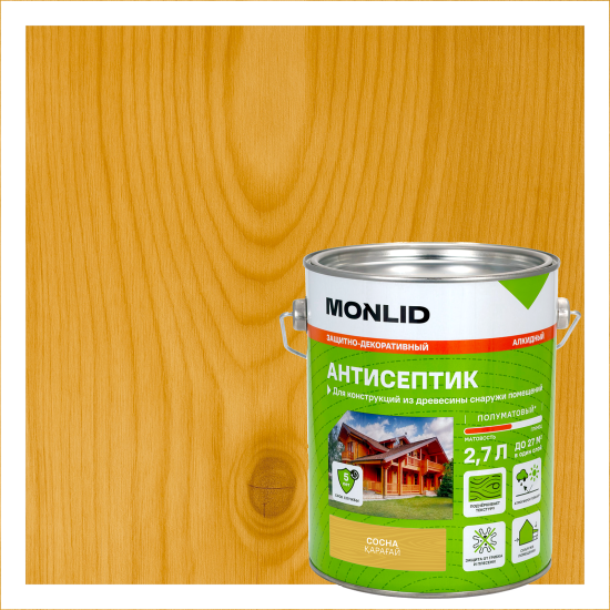 Защитно-декоративный антисептик лессирующий MONLID полуматовый сосна 2.7 л