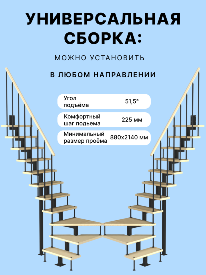 Модульная лестница Компакт поворотная 90гр, высота  2475-2700мм черная