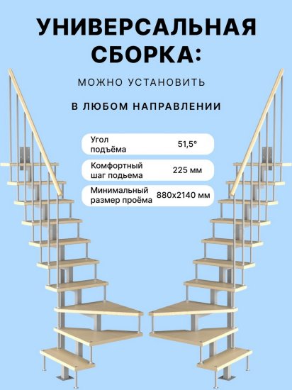 Модульная лестница Компакт поворотная 90гр, высота  2475-2700мм серая