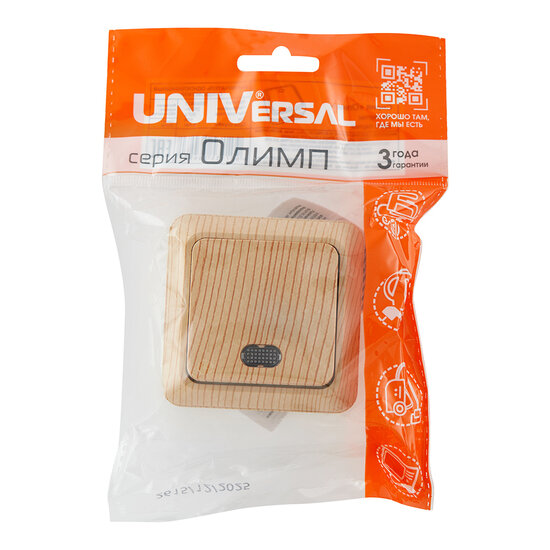 Выключатель UNIVersal Олимп одноклавишный накладной сосна с подсветкой (5560827)