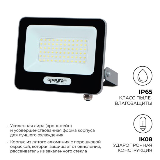 Прожектор светодиодный Apeyron Стандарт 6500 50 Вт IP65 серый