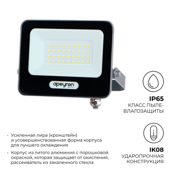 Прожектор светодиодный Apeyron Стандарт 6500 30 Вт IP65 серый