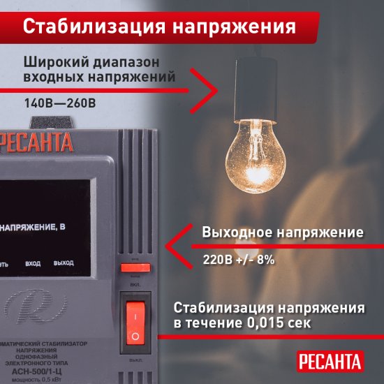 Стабилизатор напряжения Ресанта АСН- 500/1-Ц 0.5 кВт
