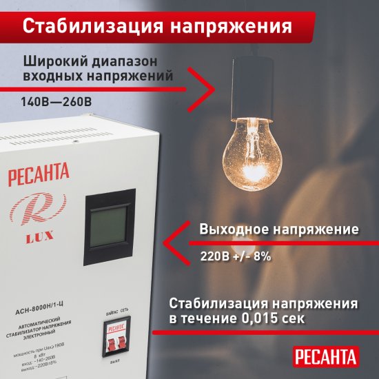 Стабилизатор напряжения Ресанта АСН- 8 000 Н/1-Ц 8 кВт