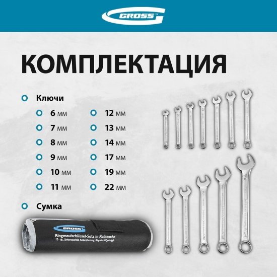 Набор комбинированных ключей без трещотки Gross 6-22 мм (15149) (12 шт.)