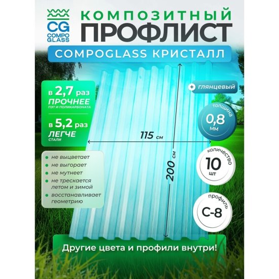 Лист композитный профилированный С8 Compoglass Кристалл 0,8 мм 1,2х2 м прозрачный (4 шт.)
