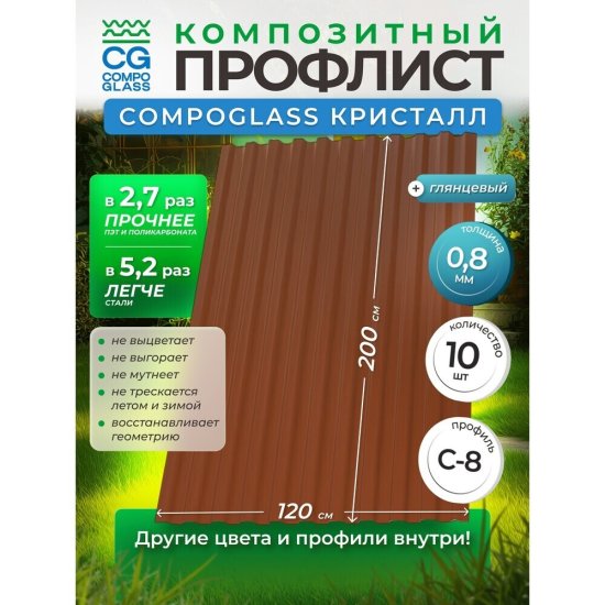 Лист композитный профилированный С8 Compoglass Кристалл 0,8 мм 1,2х2 м коричневый (4 шт.)
