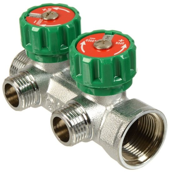 Коллектор Terma 3/4 ВР(г) х 2 выхода 1/2 НР(ш) х 3/4 НР(ш) регулируемый (14019)