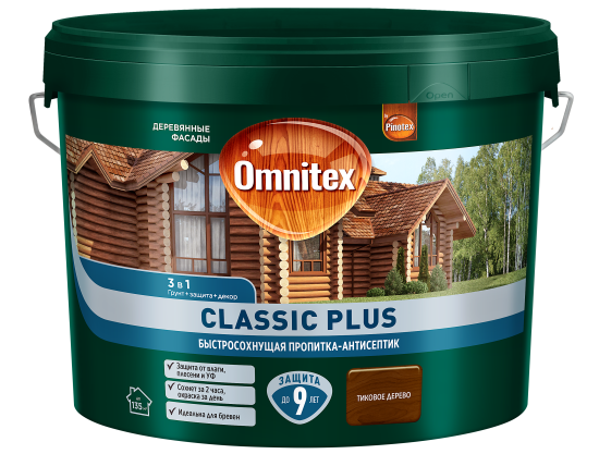 Защитно-декоративный антисептик лессирующий Omnitex Classic Plus полуматовый тик 9 л