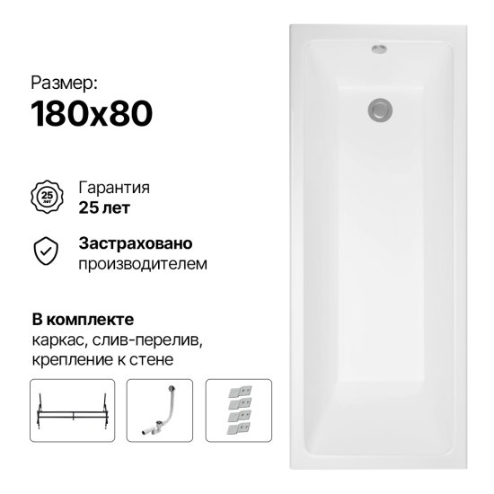 Комплект ванны с каркасом Aquatek Терра и сифоном 180x80 см