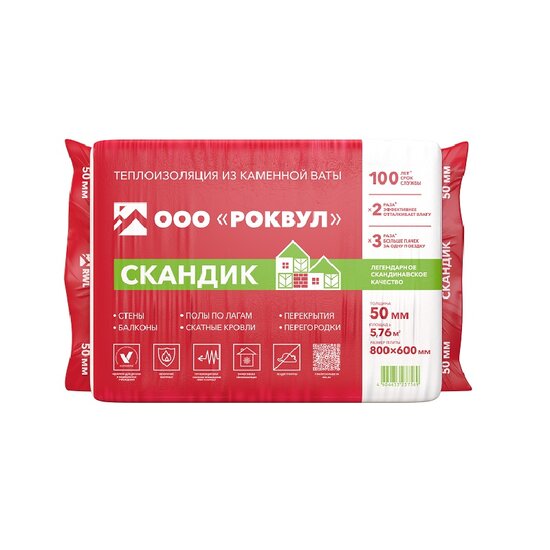 Утеплитель Rockwool Лайт Баттс Скандик, 800х600х50 мм (12 шт)