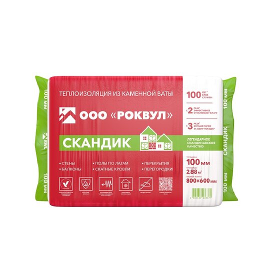 Утеплитель Rockwool Лайт Баттс Скандик, 800х600х100 мм (6 шт)
