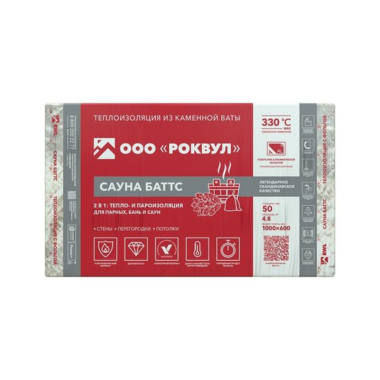 Утеплитель Rockwool Сауна Баттс, 1000х600х50 мм (8 шт)