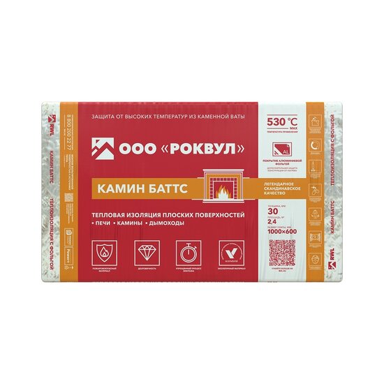 Утеплитель фольгированный Rockwool Камин Баттс, 1000х600х30 мм (4 шт)