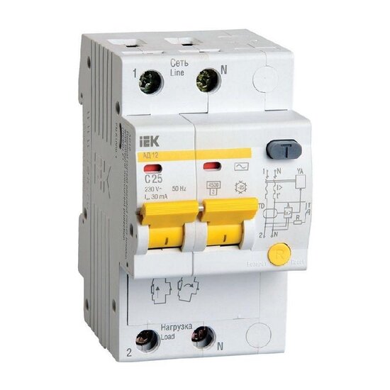 Дифференциальный автомат IEK Karat АД-12 4,5кА, С 25А, 30мА, тип АС, 2P. MAD10-2-025-C-030