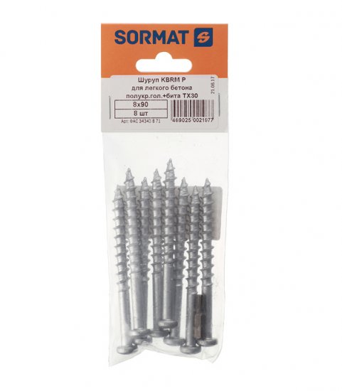 Анкер-шуруп Sormat KBRM P для газобетона полукруглая головка 8x90 мм с битой (8 шт.)