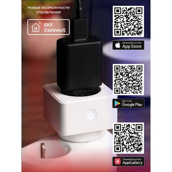 Умная розетка EKF Connect (RCS-1-WF) белая с заземлением