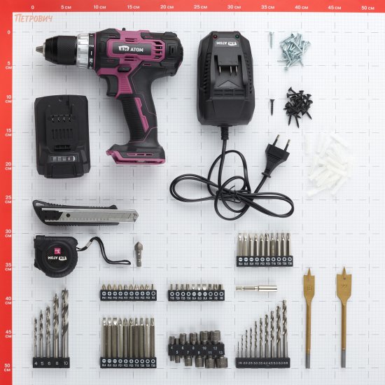 Дрель-шуруповерт аккумуляторная КМ АТОМ 18 В 2 Ач Li-Ion с АКБ и ЗУ с набором оснастки (CD-181)