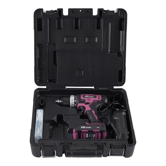 Дрель-шуруповерт аккумуляторная КМ АТОМ 18 В 2 Ач Li-Ion с АКБ и ЗУ с набором оснастки (CD-181)