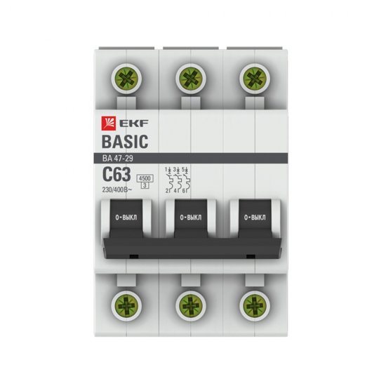 Автоматический выключатель модульный EKF Basic ВА 47-29 3P 63А тип C 4,5 кА 400 В (mcb4729-3-63C)