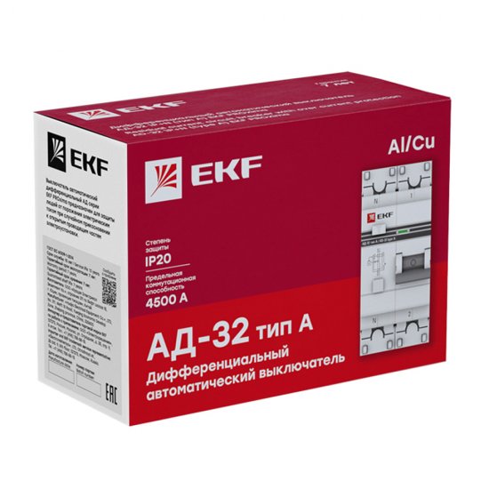 Автомат дифференциальный EKF PROxima АД-32 32А 1P+N тип A 30 мА 4,5 кА (DA32-32-30-a-pro)
