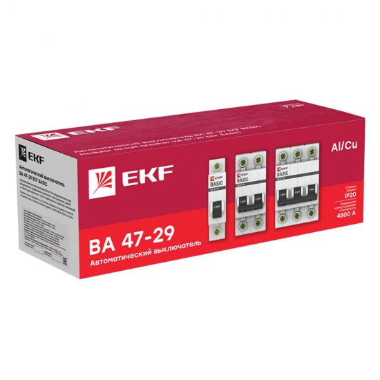 Автоматический выключатель модульный EKF Basic ВА 47-29 1P 20А тип C 4,5 кА 230 В (mcb4729-1-20C)