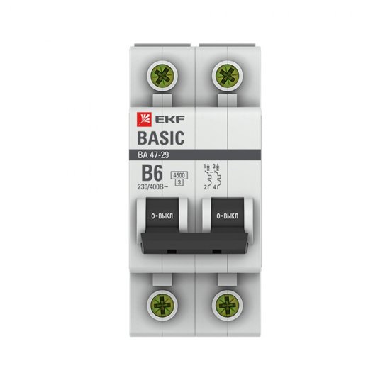 Автоматический выключатель модульный EKF Basic ВА 47-29 2P 6А тип B 4,5 кА 230 В (mcb4729-2-06-B)