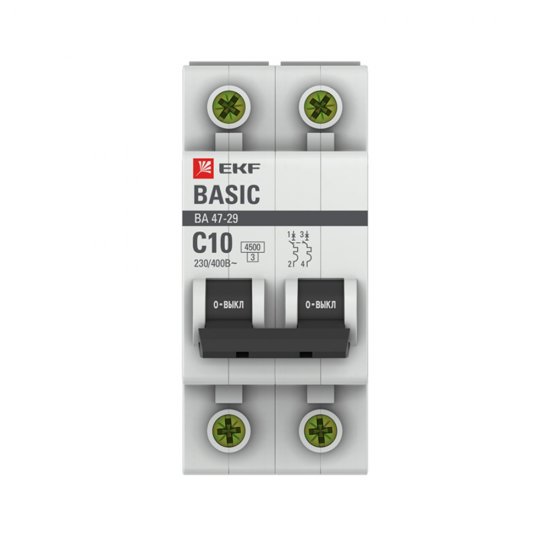 Автоматический выключатель модульный EKF Basic ВА 47-29 2P 10А тип C 4,5 кА 230 В (mcb4729-2-10C)