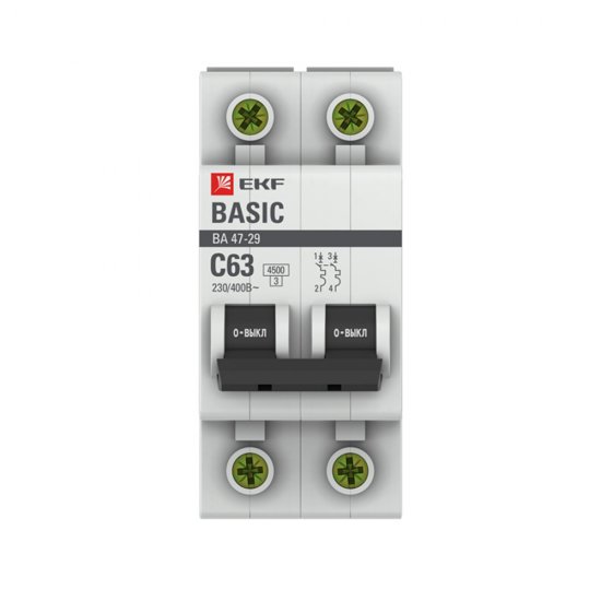Автоматический выключатель модульный EKF Basic ВА 47-29 2P 63А тип C 4,5 кА 230 В (mcb4729-2-63C)