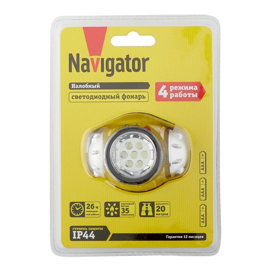 Фонарь налобный Navigator NPT светодиодный 7 LED 0,5 Вт на батарейках AAA ударопрочный пластик 4 режима (94916)