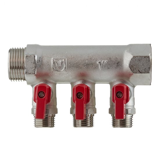 Коллектор Valtec 1 ВР(г) х 3 выхода 1/2 НР(ш) х 1 НР(ш) с шаровыми кранами (VTc.580.N.0603)