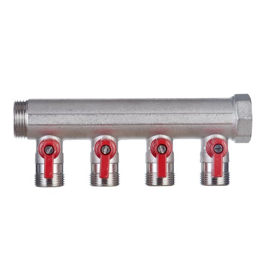 Коллектор Henco 1 ВР(г) х 4 выхода 3/4 НР(ш) ЕК х 1 НР(ш) с шаровыми кранами (VB060504-ROOD)