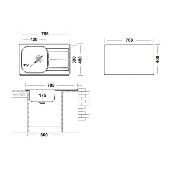 Мойка для кухни Ukinox Nord 78,8х48х17,5 см врезная с крылом сталь (Nr 788х480 (0,6) G)