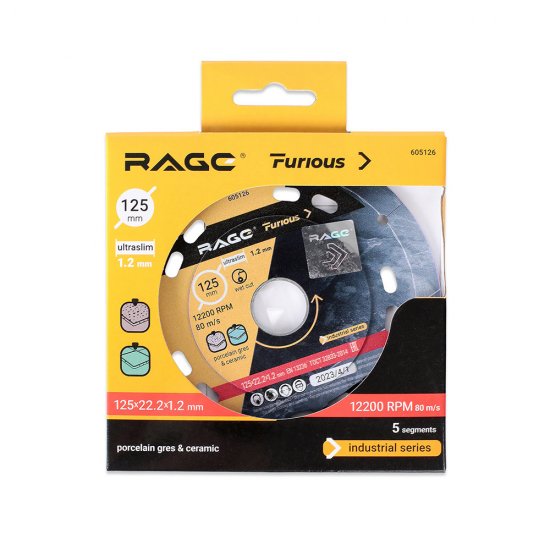 Диск алмазный по керамограниту Rage Furious 125х22,2х1,2 мм сегментный мокрый рез (605126)