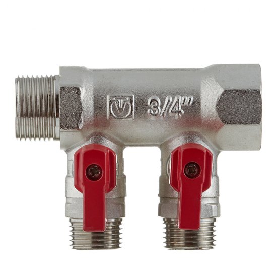 Коллектор Valtec 3/4 ВР(г) х 2 выхода 1/2 НР(ш) х 3/4 НР(ш) с шаровыми кранами (VTc.580.N.0502)
