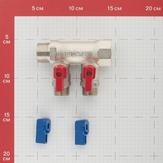 Коллектор Valtec 3/4 ВР(г) х 2 выхода 1/2 НР(ш) х 3/4 НР(ш) с шаровыми кранами (VTc.580.N.0502)