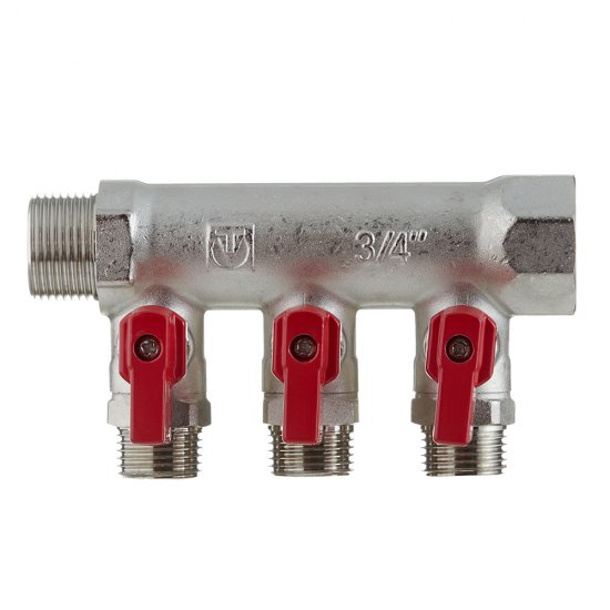 Коллектор Valtec 3/4 ВР(г) х 3 выхода 1/2 НР(ш) х 3/4 НР(ш) с шаровыми кранами (VTc.580.N.0503)
