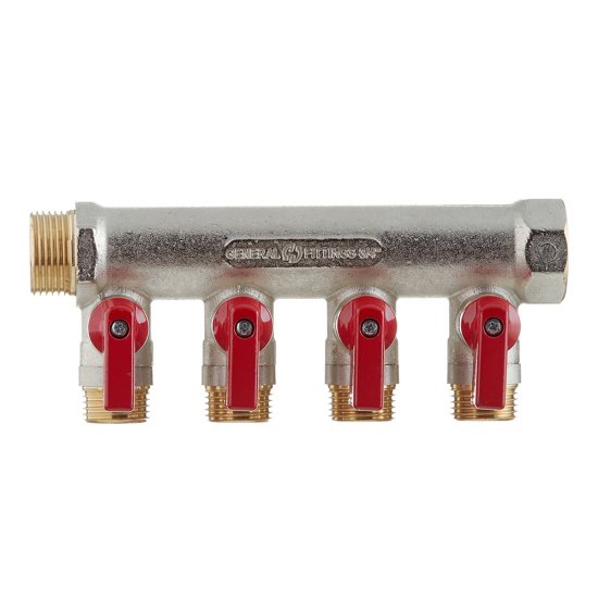 Коллектор Stout 3/4 ВР(г) х 4 выхода 1/2 НР(ш) х 3/4 НР(ш) с шаровыми кранами (SMB 6210 341204)