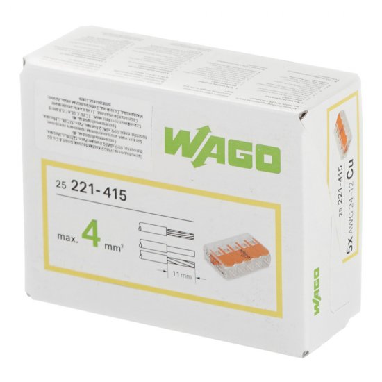 Клемма на 5 проводов Wago 0,14-4 кв.мм с рычажками без пасты (25 шт.) (221-415)