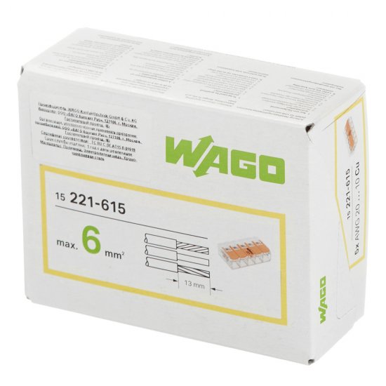 Клемма на 5 проводов Wago 0,5-6 кв.мм с рычажками без пасты (15 шт.) (221-615)