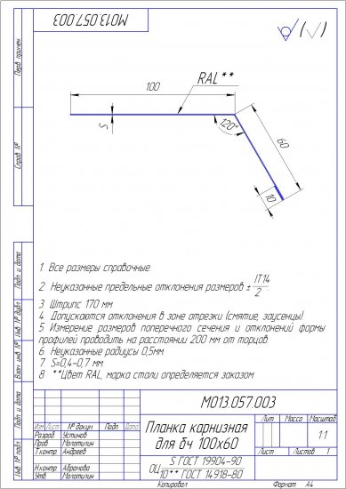 Планка карнизная для гибкой черепицы Grand Line 100х60-65 мм 2 м графитовый серый RAL 7024