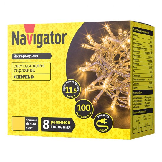 Гирлянда светодиодная Navigator Нить теплый белый 11,5 м (14 024)