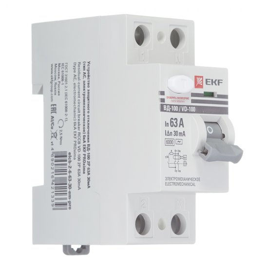 УЗО EKF PROxima ВД-100 63А 1P+N тип AC 30 мА 6 кА (elcb-2-6-63-30-em-pro)