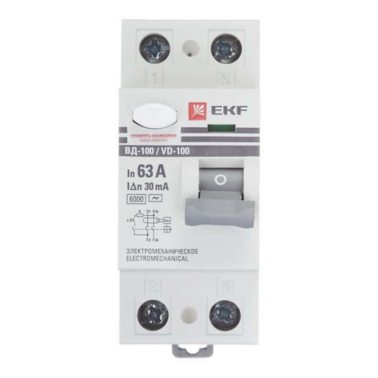УЗО EKF PROxima ВД-100 63А 1P+N тип AC 30 мА 6 кА (elcb-2-6-63-30-em-pro)